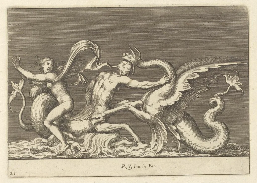 An illustration from Parerga atq[ue] ornamenta, ex Raphaelis Sanctij prototypis à Ioanne Nannio Vtinensi, in Vaticani Palatij Xystis : partim opere plastico, partim coloribus expressa ad veterum ornamentorum, et picturarum, quæ extabant in ruinis domus Imperat. Titi, elegantiam, 1675, leaf 44