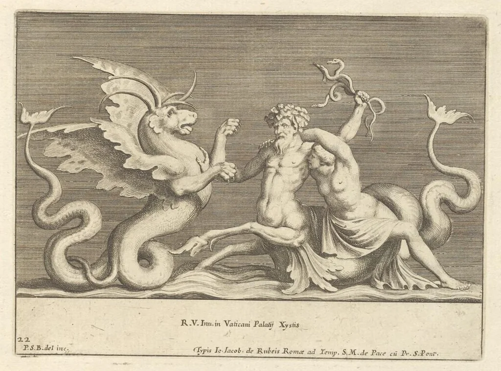 An illustration from Parerga atq[ue] ornamenta, ex Raphaelis Sanctij prototypis à Ioanne Nannio Vtinensi, in Vaticani Palatij Xystis : partim opere plastico, partim coloribus expressa ad veterum ornamentorum, et picturarum, quæ extabant in ruinis domus Imperat. Titi, elegantiam, 1675, leaf 46