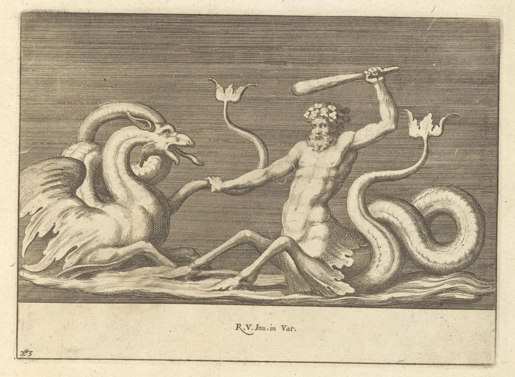 An illustration from Parerga atq[ue] ornamenta, ex Raphaelis Sanctij prototypis à Ioanne Nannio Vtinensi, in Vaticani Palatij Xystis : partim opere plastico, partim coloribus expressa ad veterum ornamentorum, et picturarum, quæ extabant in ruinis domus Imperat. Titi, elegantiam, 1675, leaf 48