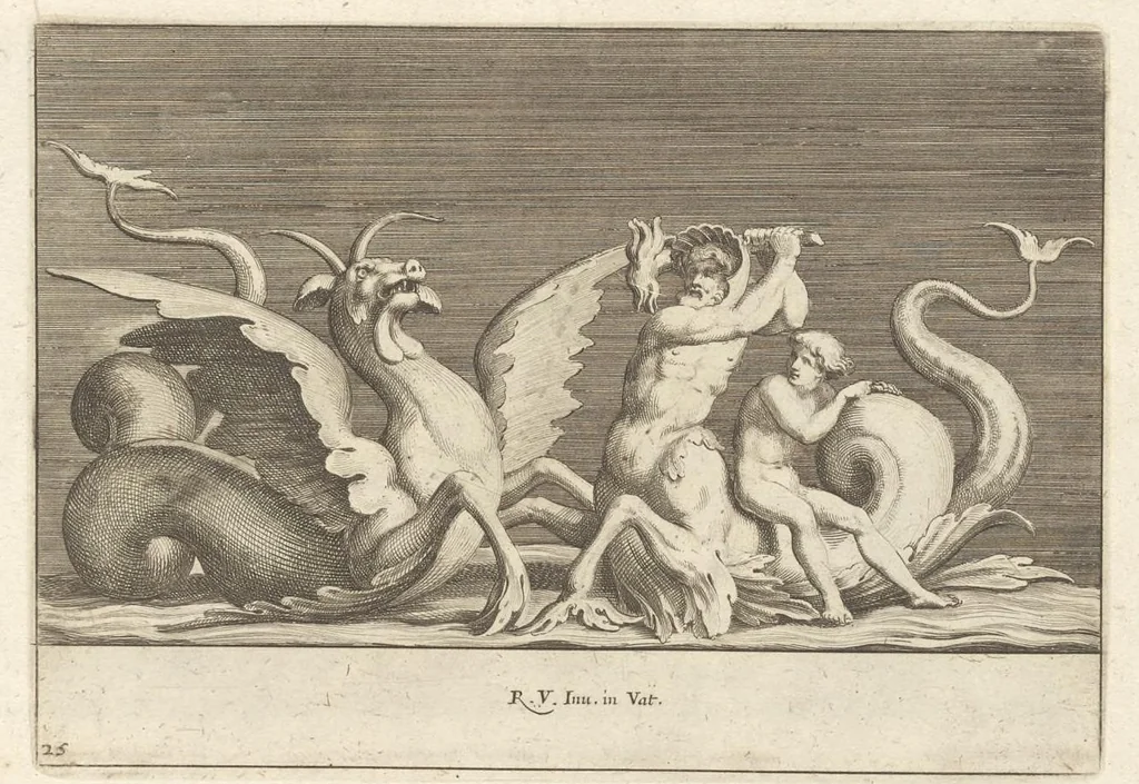 An illustration from Parerga atq[ue] ornamenta, ex Raphaelis Sanctij prototypis à Ioanne Nannio Vtinensi, in Vaticani Palatij Xystis : partim opere plastico, partim coloribus expressa ad veterum ornamentorum, et picturarum, quæ extabant in ruinis domus Imperat. Titi, elegantiam, 1675, leaf 52