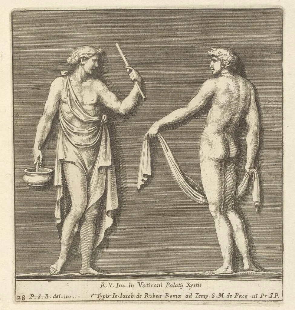 An illustration from Parerga atq[ue] ornamenta, ex Raphaelis Sanctij prototypis à Ioanne Nannio Vtinensi, in Vaticani Palatij Xystis : partim opere plastico, partim coloribus expressa ad veterum ornamentorum, et picturarum, quæ extabant in ruinis domus Imperat. Titi, elegantiam, 1675, leaf 58