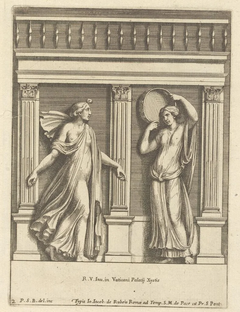 An illustration from Parerga atq[ue] ornamenta, ex Raphaelis Sanctij prototypis à Ioanne Nannio Vtinensi, in Vaticani Palatij Xystis : partim opere plastico, partim coloribus expressa ad veterum ornamentorum, et picturarum, quæ extabant in ruinis domus Imperat. Titi, elegantiam, 1675, leaf 6