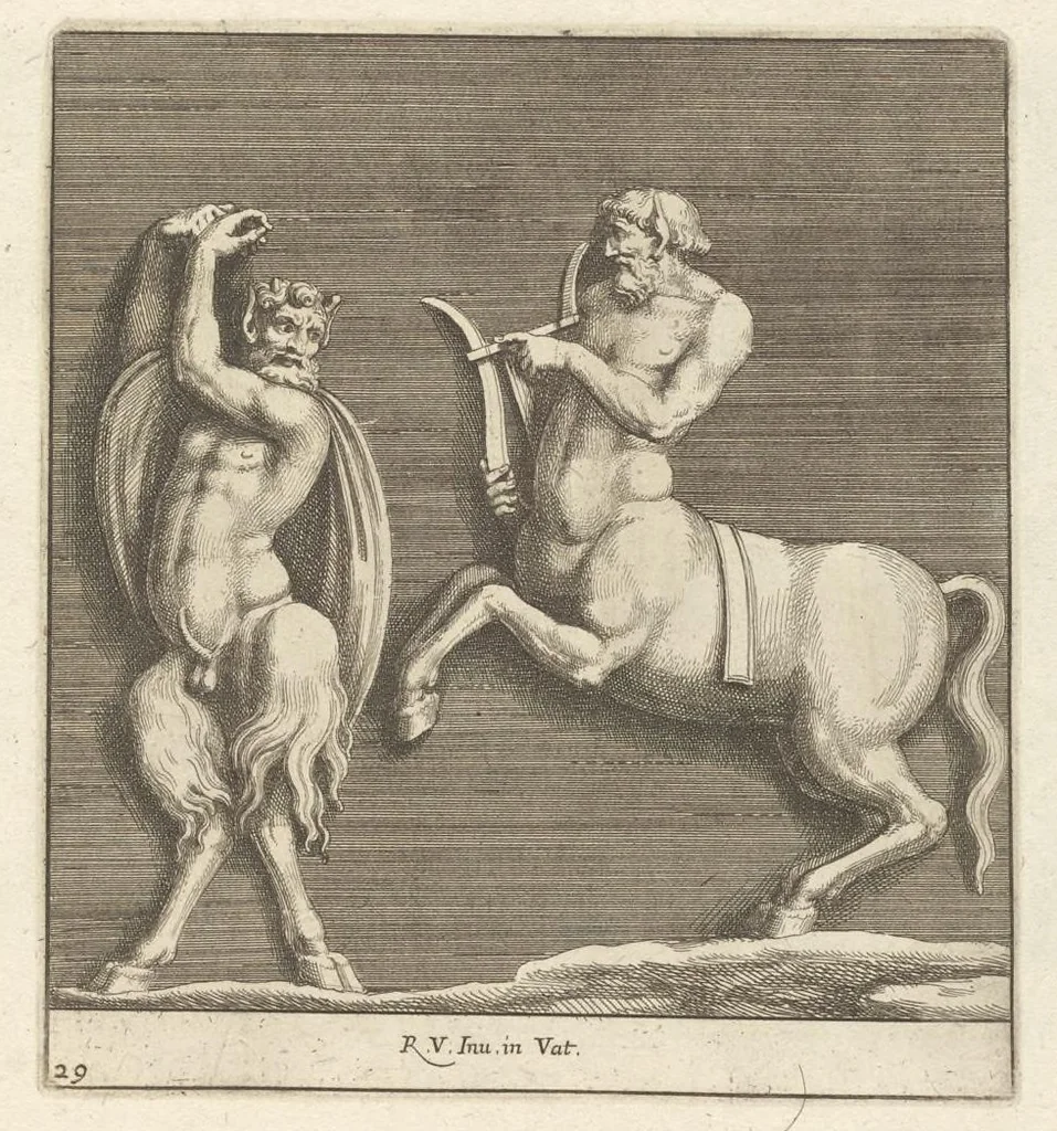 An illustration from Parerga atq[ue] ornamenta, ex Raphaelis Sanctij prototypis à Ioanne Nannio Vtinensi, in Vaticani Palatij Xystis : partim opere plastico, partim coloribus expressa ad veterum ornamentorum, et picturarum, quæ extabant in ruinis domus Imperat. Titi, elegantiam, 1675, leaf 60