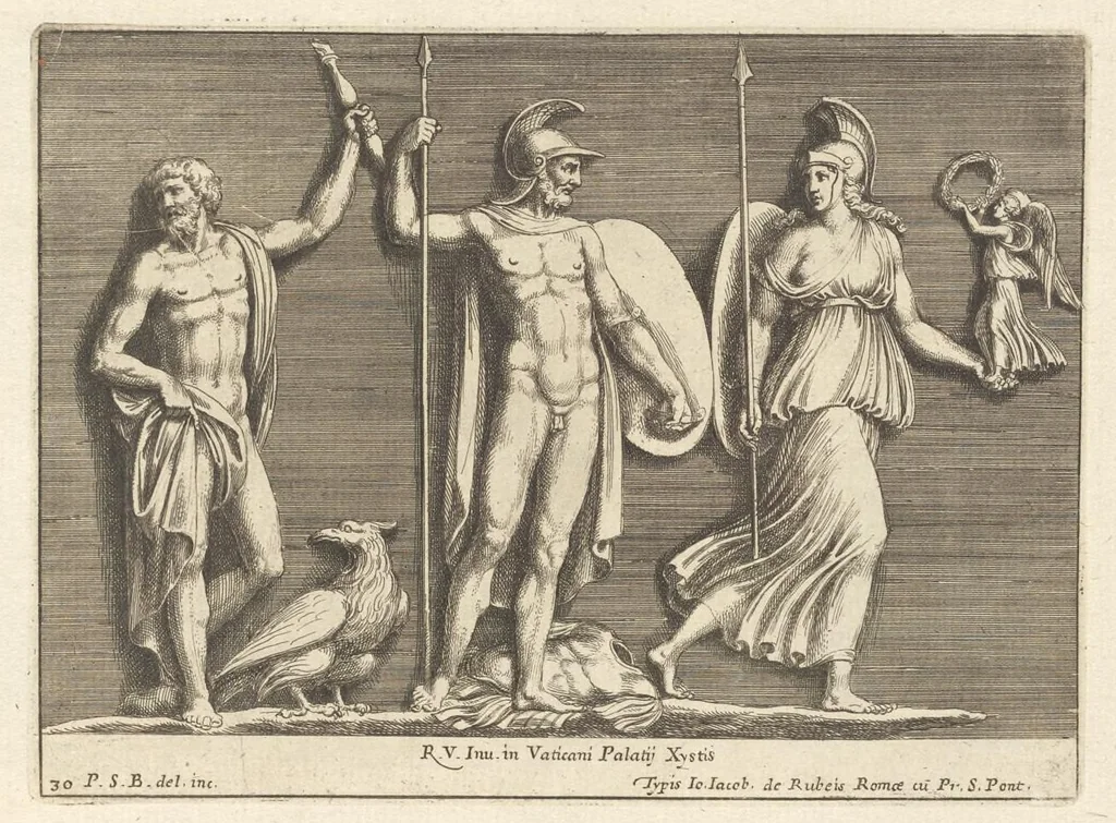 An illustration from Parerga atq[ue] ornamenta, ex Raphaelis Sanctij prototypis à Ioanne Nannio Vtinensi, in Vaticani Palatij Xystis : partim opere plastico, partim coloribus expressa ad veterum ornamentorum, et picturarum, quæ extabant in ruinis domus Imperat. Titi, elegantiam, 1675, leaf 62
