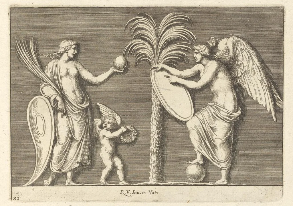 An illustration from Parerga atq[ue] ornamenta, ex Raphaelis Sanctij prototypis à Ioanne Nannio Vtinensi, in Vaticani Palatij Xystis : partim opere plastico, partim coloribus expressa ad veterum ornamentorum, et picturarum, quæ extabant in ruinis domus Imperat. Titi, elegantiam, 1675, leaf 64