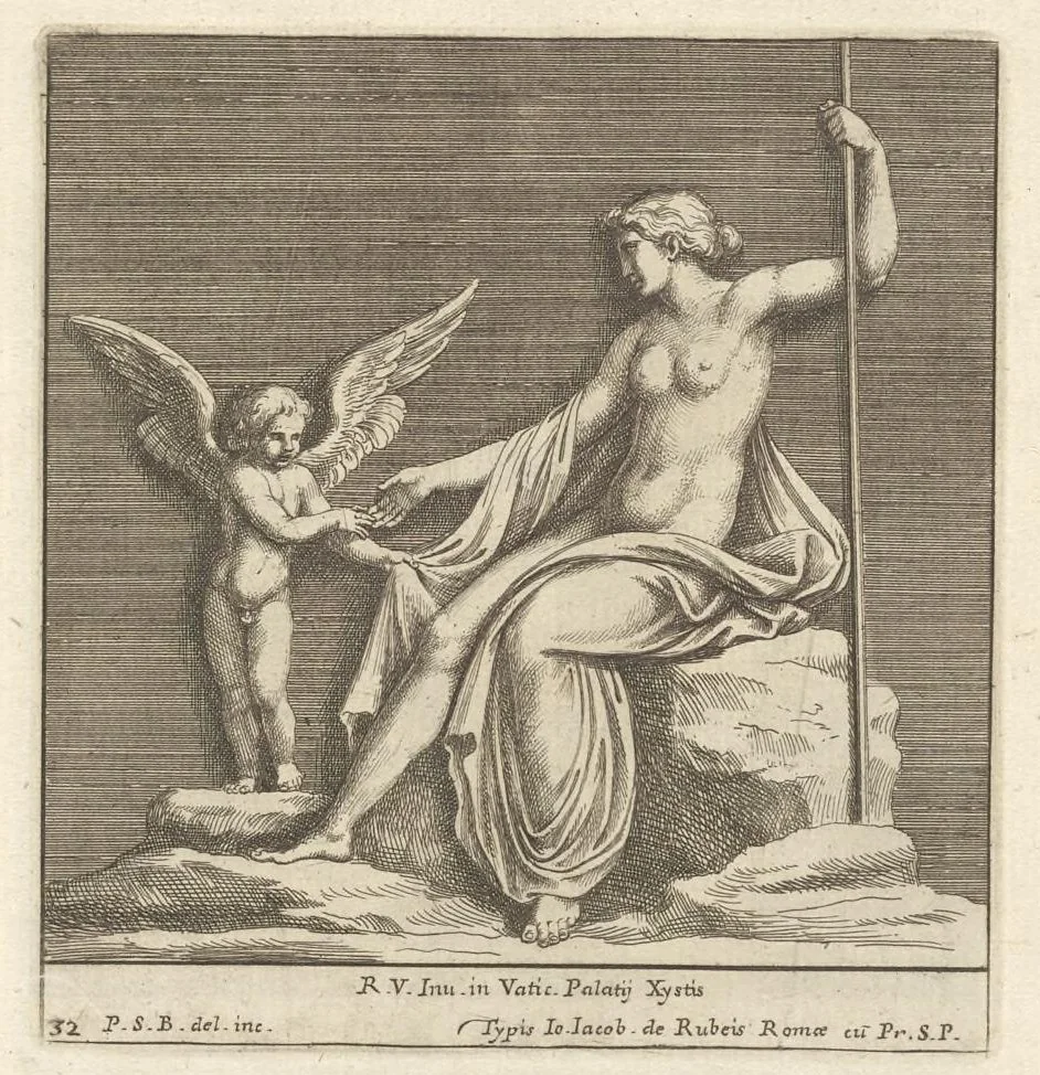 An illustration from Parerga atq[ue] ornamenta, ex Raphaelis Sanctij prototypis à Ioanne Nannio Vtinensi, in Vaticani Palatij Xystis : partim opere plastico, partim coloribus expressa ad veterum ornamentorum, et picturarum, quæ extabant in ruinis domus Imperat. Titi, elegantiam, 1675, leaf 66