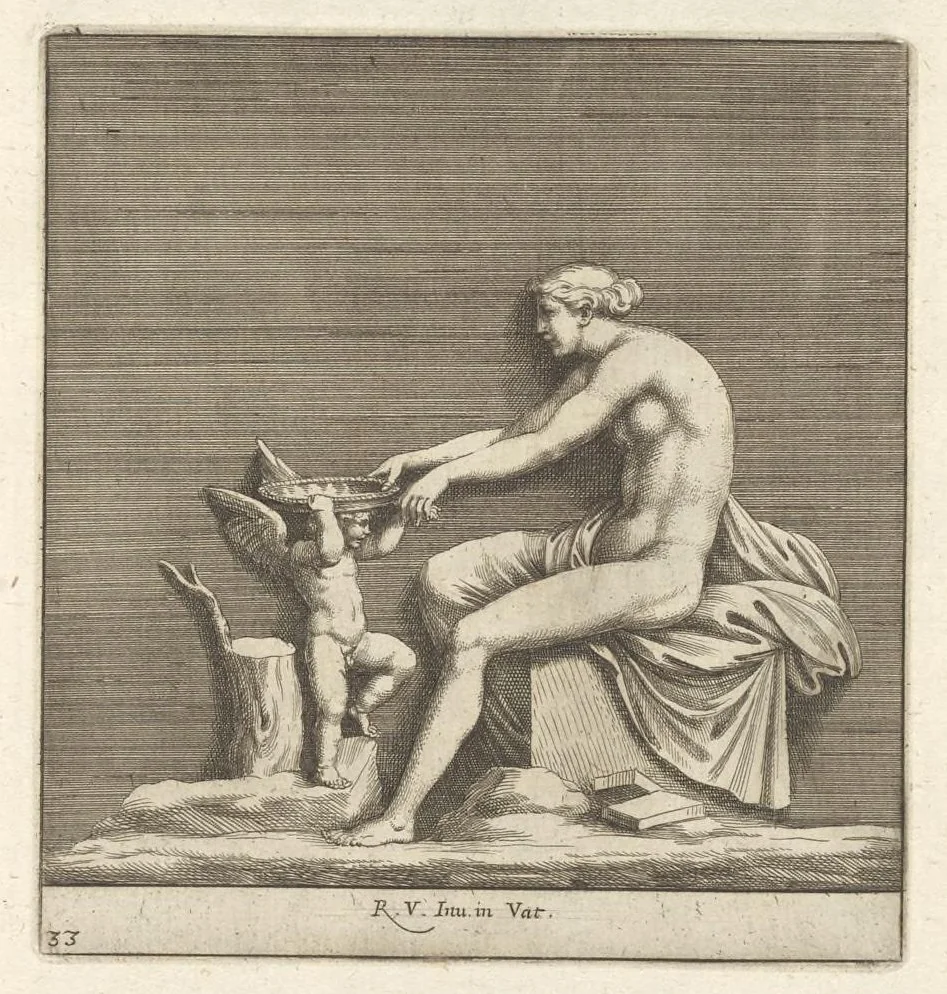 An illustration from Parerga atq[ue] ornamenta, ex Raphaelis Sanctij prototypis à Ioanne Nannio Vtinensi, in Vaticani Palatij Xystis : partim opere plastico, partim coloribus expressa ad veterum ornamentorum, et picturarum, quæ extabant in ruinis domus Imperat. Titi, elegantiam, 1675, leaf 68