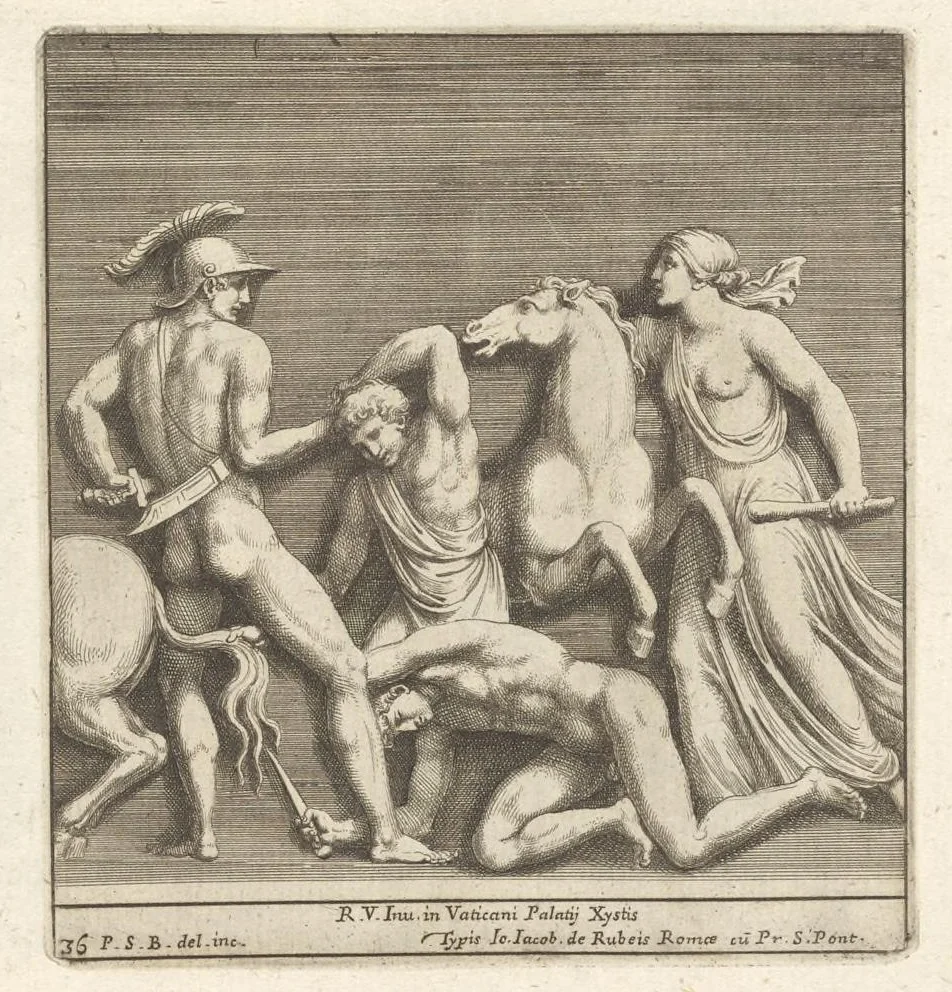 An illustration from Parerga atq[ue] ornamenta, ex Raphaelis Sanctij prototypis à Ioanne Nannio Vtinensi, in Vaticani Palatij Xystis : partim opere plastico, partim coloribus expressa ad veterum ornamentorum, et picturarum, quæ extabant in ruinis domus Imperat. Titi, elegantiam, 1675, leaf 74