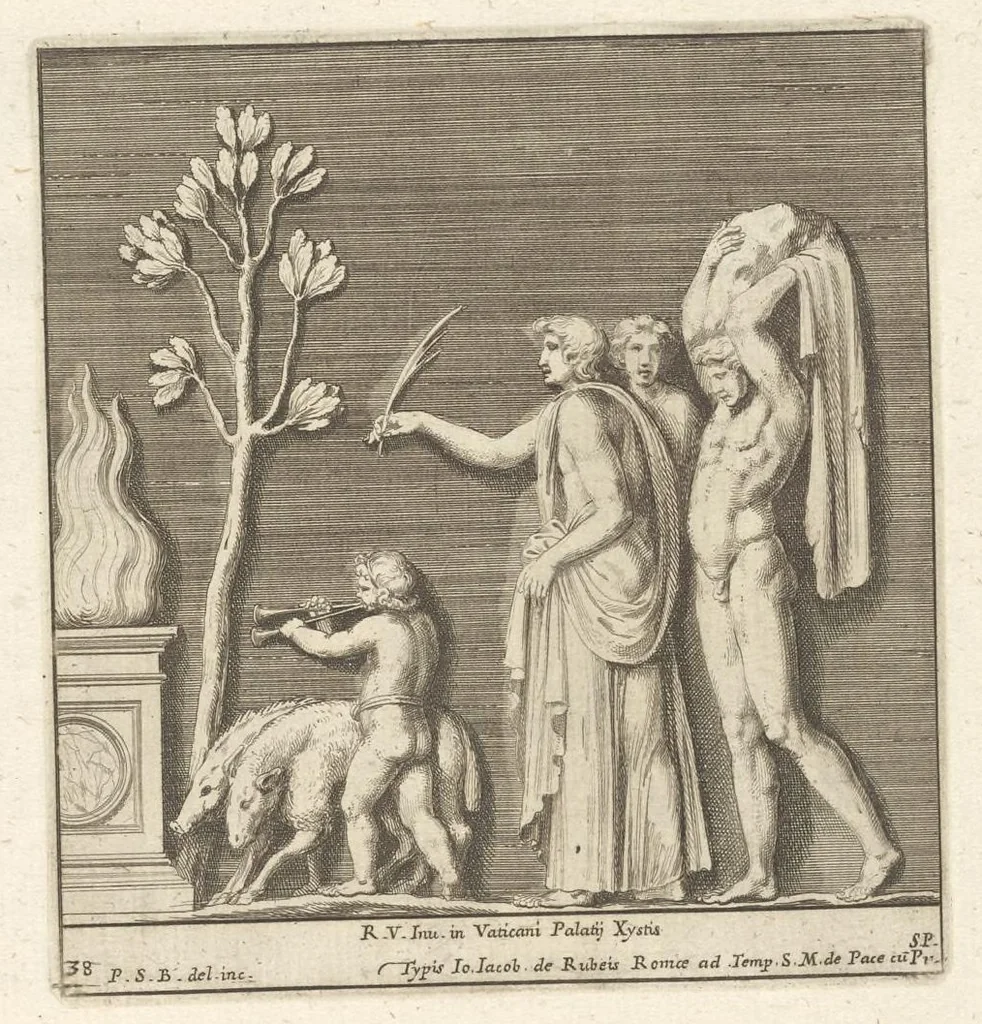 An illustration from Parerga atq[ue] ornamenta, ex Raphaelis Sanctij prototypis à Ioanne Nannio Vtinensi, in Vaticani Palatij Xystis : partim opere plastico, partim coloribus expressa ad veterum ornamentorum, et picturarum, quæ extabant in ruinis domus Imperat. Titi, elegantiam, 1675, leaf 78