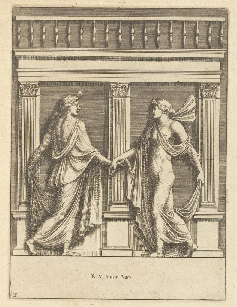 An illustration from Parerga atq[ue] ornamenta, ex Raphaelis Sanctij prototypis à Ioanne Nannio Vtinensi, in Vaticani Palatij Xystis : partim opere plastico, partim coloribus expressa ad veterum ornamentorum, et picturarum, quæ extabant in ruinis domus Imperat. Titi, elegantiam, 1675, leaf 8