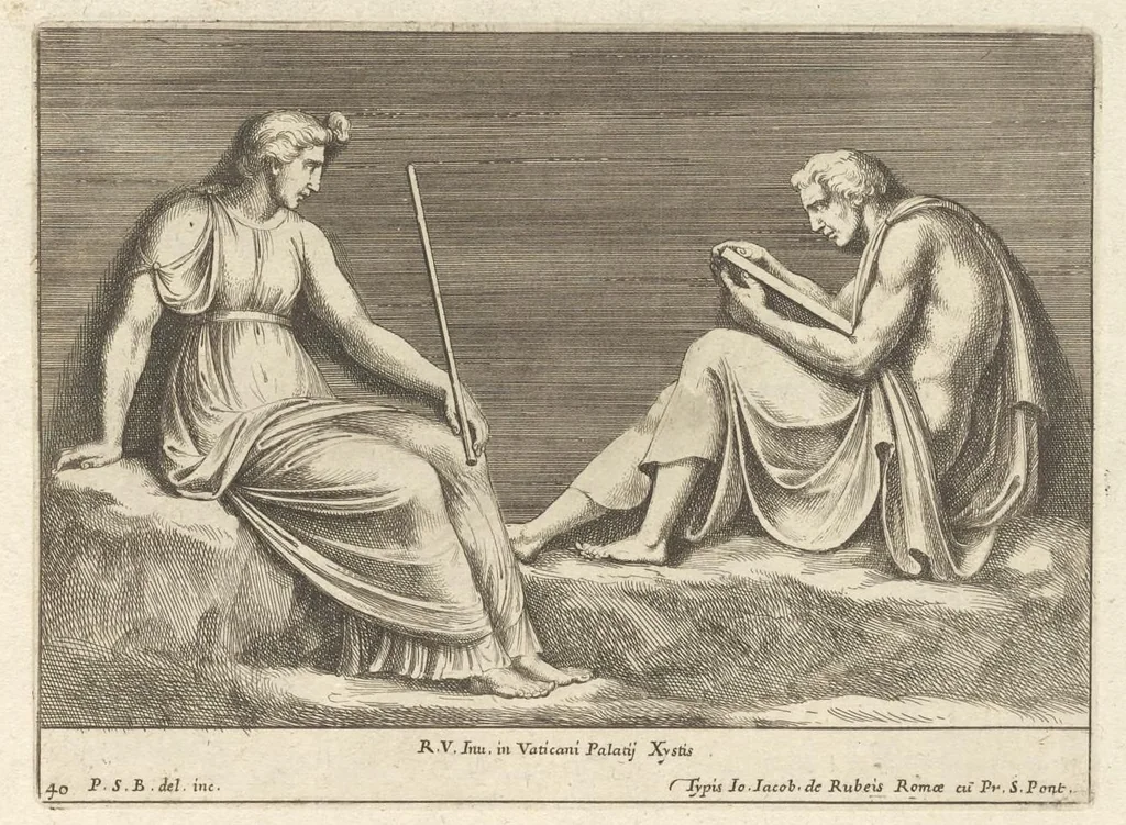 An illustration from Parerga atq[ue] ornamenta, ex Raphaelis Sanctij prototypis à Ioanne Nannio Vtinensi, in Vaticani Palatij Xystis : partim opere plastico, partim coloribus expressa ad veterum ornamentorum, et picturarum, quæ extabant in ruinis domus Imperat. Titi, elegantiam, 1675, leaf 82