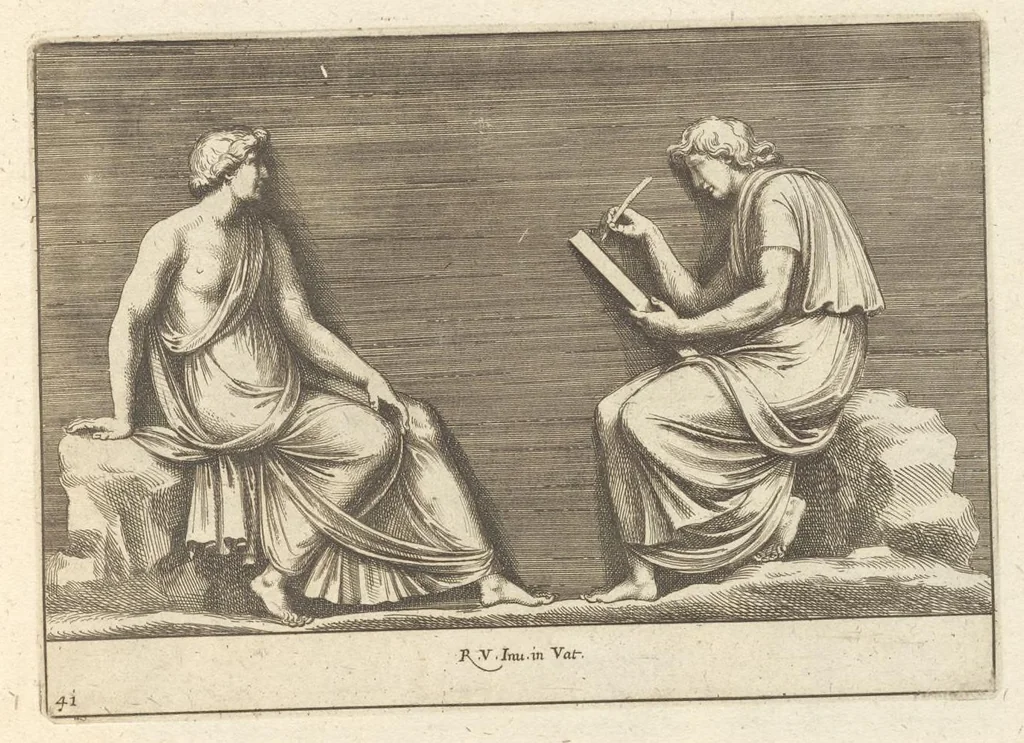 An illustration from Parerga atq[ue] ornamenta, ex Raphaelis Sanctij prototypis à Ioanne Nannio Vtinensi, in Vaticani Palatij Xystis : partim opere plastico, partim coloribus expressa ad veterum ornamentorum, et picturarum, quæ extabant in ruinis domus Imperat. Titi, elegantiam, 1675, leaf 84