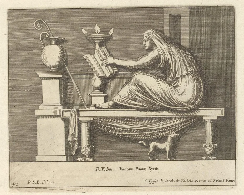 An illustration from Parerga atq[ue] ornamenta, ex Raphaelis Sanctij prototypis à Ioanne Nannio Vtinensi, in Vaticani Palatij Xystis : partim opere plastico, partim coloribus expressa ad veterum ornamentorum, et picturarum, quæ extabant in ruinis domus Imperat. Titi, elegantiam, 1675, leaf 86