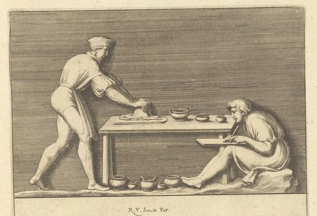 An illustration from Parerga atq[ue] ornamenta, ex Raphaelis Sanctij prototypis à Ioanne Nannio Vtinensi, in Vaticani Palatij Xystis : partim opere plastico, partim coloribus expressa ad veterum ornamentorum, et picturarum, quæ extabant in ruinis domus Imperat. Titi, elegantiam, 1675, leaf 88