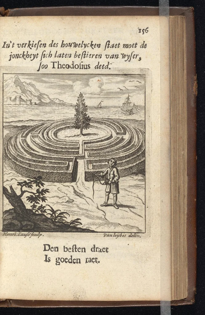 An illustration from Heyligh hof vanden keyser Theodosius : verciert met sinnebeelden, rymdichten, en sedeleeringen, 1696, leaf 188