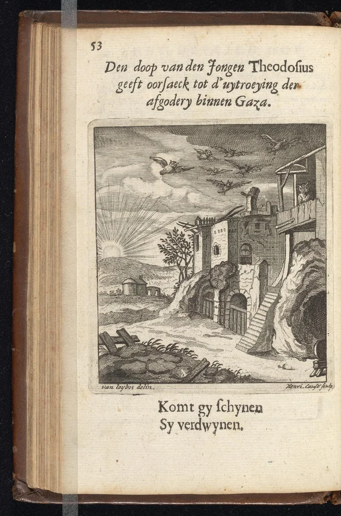 An illustration from Heyligh hof vanden keyser Theodosius : verciert met sinnebeelden, rymdichten, en sedeleeringen, 1696, leaf 79