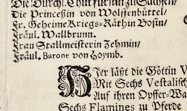 An illustration from Der von dem durchlauchtigsten Chur-Fürsten zu Sachsen und Burggrafen zu Magdeburg, &c. Hertzog Friderico Augusto, &c. &c. &c. in dero Residence Dreszden, Donnerstags den 7. Febr. 1695, aus dem Chur-Fürstlichen Reit-Hause, durch das Müntz-Thor, bey dem stall, über den Neuen Marckt, durch die Moritz-Strasse und Creutz-Gasse, über den alten Marckt, durch die Schloss-Gasse, auch durch das Schloss, wiederumb in oben-bemeldtes Reit-Hauss, angestellte und gehaltene Götter-Auffzug, 1697, leaf 12