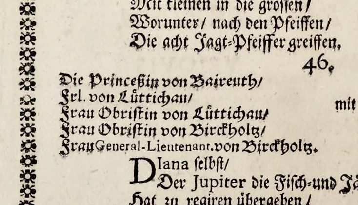 An illustration from Der von dem durchlauchtigsten Chur-Fürsten zu Sachsen und Burggrafen zu Magdeburg, &c. Hertzog Friderico Augusto, &c. &c. &c. in dero Residence Dreszden, Donnerstags den 7. Febr. 1695, aus dem Chur-Fürstlichen Reit-Hause, durch das Müntz-Thor, bey dem stall, über den Neuen Marckt, durch die Moritz-Strasse und Creutz-Gasse, über den alten Marckt, durch die Schloss-Gasse, auch durch das Schloss, wiederumb in oben-bemeldtes Reit-Hauss, angestellte und gehaltene Götter-Auffzug, 1697, leaf 22