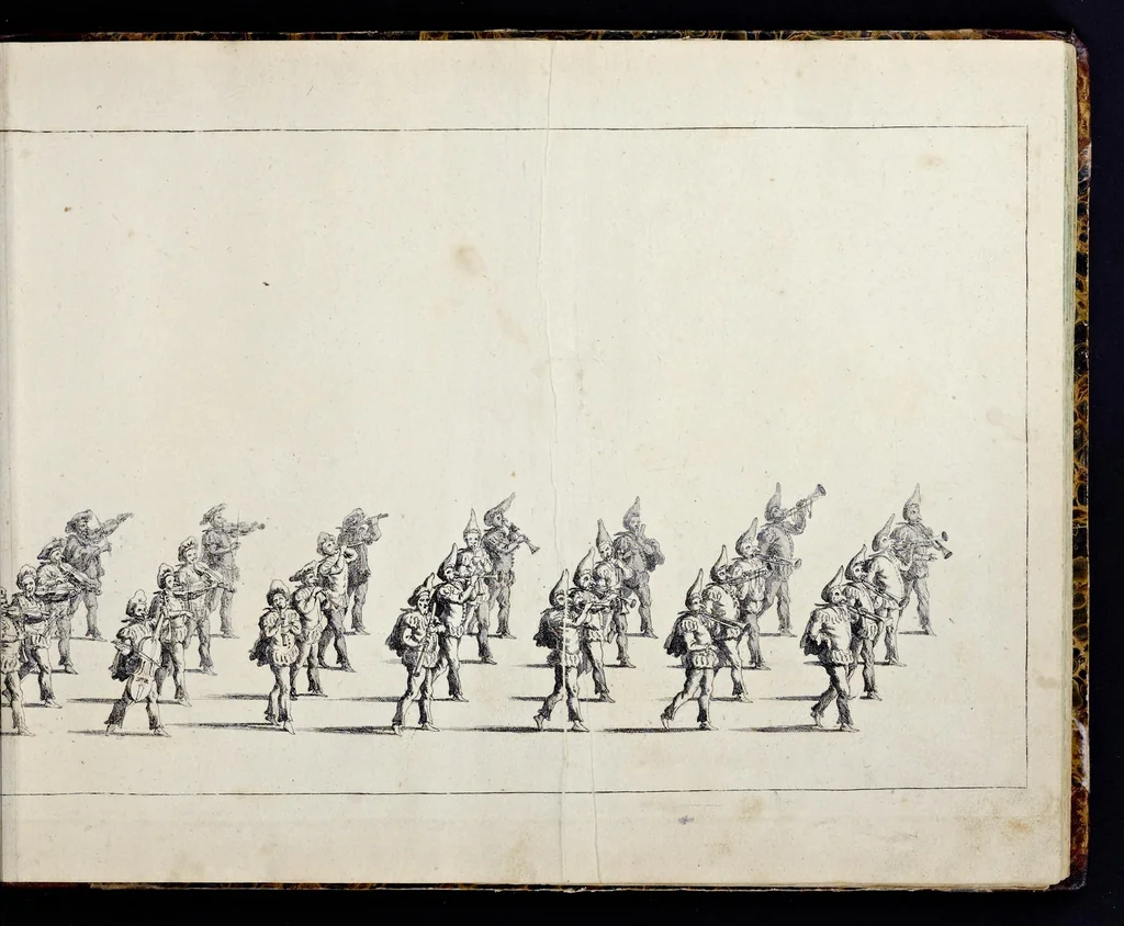 An illustration from Der von dem durchlauchtigsten Chur-Fürsten zu Sachsen und Burggrafen zu Magdeburg, &c. Hertzog Friderico Augusto, &c. &c. &c. in dero Residence Dreszden, Donnerstags den 7. Febr. 1695, aus dem Chur-Fürstlichen Reit-Hause, durch das Müntz-Thor, bey dem stall, über den Neuen Marckt, durch die Moritz-Strasse und Creutz-Gasse, über den alten Marckt, durch die Schloss-Gasse, auch durch das Schloss, wiederumb in oben-bemeldtes Reit-Hauss, angestellte und gehaltene Götter-Auffzug, 1697, leaf 30
