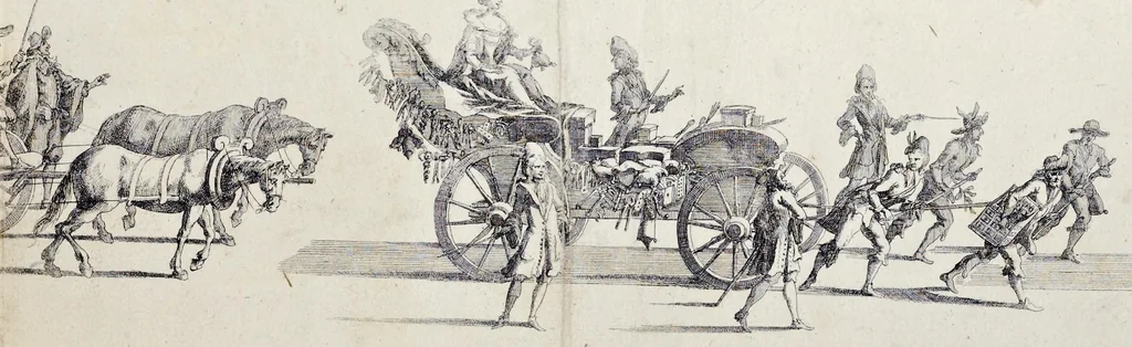 An illustration from Der von dem durchlauchtigsten Chur-Fürsten zu Sachsen und Burggrafen zu Magdeburg, &c. Hertzog Friderico Augusto, &c. &c. &c. in dero Residence Dreszden, Donnerstags den 7. Febr. 1695, aus dem Chur-Fürstlichen Reit-Hause, durch das Müntz-Thor, bey dem stall, über den Neuen Marckt, durch die Moritz-Strasse und Creutz-Gasse, über den alten Marckt, durch die Schloss-Gasse, auch durch das Schloss, wiederumb in oben-bemeldtes Reit-Hauss, angestellte und gehaltene Götter-Auffzug, 1697, leaf 34