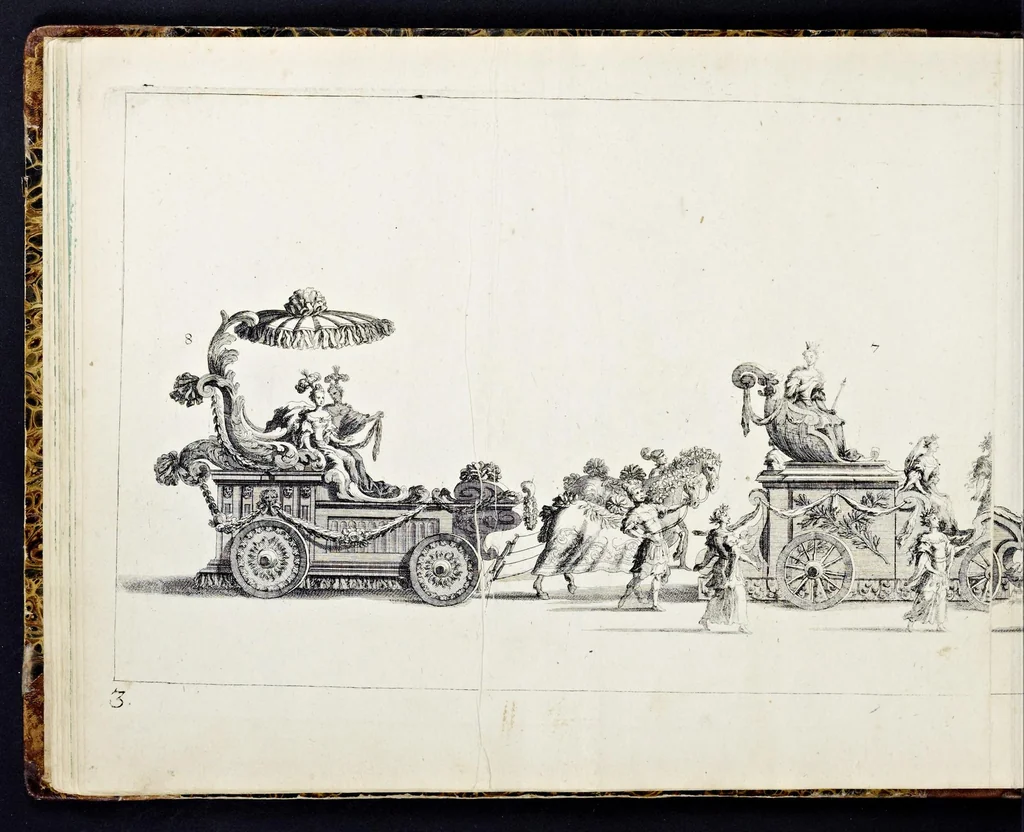 An illustration from Der von dem durchlauchtigsten Chur-Fürsten zu Sachsen und Burggrafen zu Magdeburg, &c. Hertzog Friderico Augusto, &c. &c. &c. in dero Residence Dreszden, Donnerstags den 7. Febr. 1695, aus dem Chur-Fürstlichen Reit-Hause, durch das Müntz-Thor, bey dem stall, über den Neuen Marckt, durch die Moritz-Strasse und Creutz-Gasse, über den alten Marckt, durch die Schloss-Gasse, auch durch das Schloss, wiederumb in oben-bemeldtes Reit-Hauss, angestellte und gehaltene Götter-Auffzug, 1697, leaf 37
