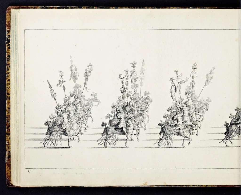An illustration from Der von dem durchlauchtigsten Chur-Fürsten zu Sachsen und Burggrafen zu Magdeburg, &c. Hertzog Friderico Augusto, &c. &c. &c. in dero Residence Dreszden, Donnerstags den 7. Febr. 1695, aus dem Chur-Fürstlichen Reit-Hause, durch das Müntz-Thor, bey dem stall, über den Neuen Marckt, durch die Moritz-Strasse und Creutz-Gasse, über den alten Marckt, durch die Schloss-Gasse, auch durch das Schloss, wiederumb in oben-bemeldtes Reit-Hauss, angestellte und gehaltene Götter-Auffzug, 1697, leaf 49
