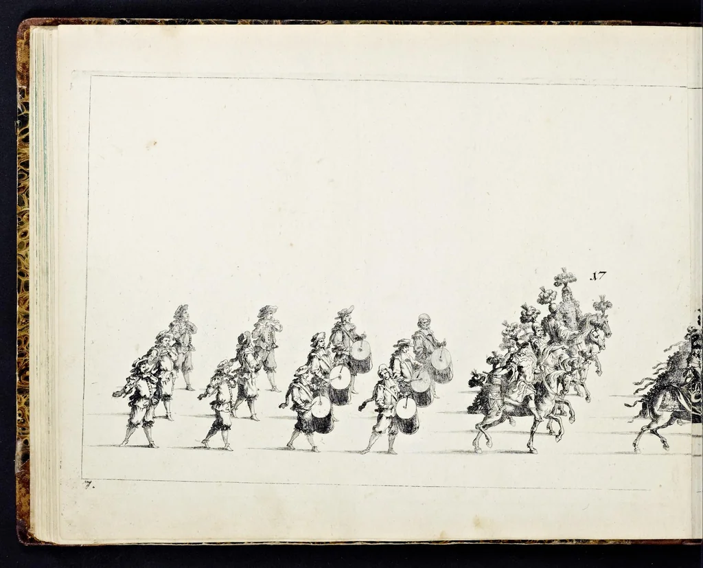 An illustration from Der von dem durchlauchtigsten Chur-Fürsten zu Sachsen und Burggrafen zu Magdeburg, &c. Hertzog Friderico Augusto, &c. &c. &c. in dero Residence Dreszden, Donnerstags den 7. Febr. 1695, aus dem Chur-Fürstlichen Reit-Hause, durch das Müntz-Thor, bey dem stall, über den Neuen Marckt, durch die Moritz-Strasse und Creutz-Gasse, über den alten Marckt, durch die Schloss-Gasse, auch durch das Schloss, wiederumb in oben-bemeldtes Reit-Hauss, angestellte und gehaltene Götter-Auffzug, 1697, leaf 53