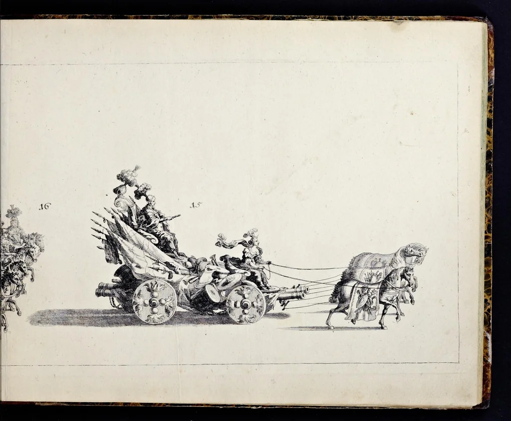 An illustration from Der von dem durchlauchtigsten Chur-Fürsten zu Sachsen und Burggrafen zu Magdeburg, &c. Hertzog Friderico Augusto, &c. &c. &c. in dero Residence Dreszden, Donnerstags den 7. Febr. 1695, aus dem Chur-Fürstlichen Reit-Hause, durch das Müntz-Thor, bey dem stall, über den Neuen Marckt, durch die Moritz-Strasse und Creutz-Gasse, über den alten Marckt, durch die Schloss-Gasse, auch durch das Schloss, wiederumb in oben-bemeldtes Reit-Hauss, angestellte und gehaltene Götter-Auffzug, 1697, leaf 54