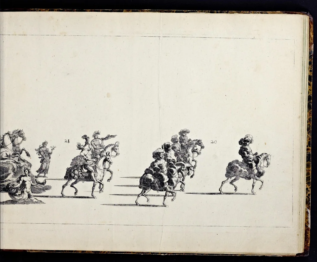 An illustration from Der von dem durchlauchtigsten Chur-Fürsten zu Sachsen und Burggrafen zu Magdeburg, &c. Hertzog Friderico Augusto, &c. &c. &c. in dero Residence Dreszden, Donnerstags den 7. Febr. 1695, aus dem Chur-Fürstlichen Reit-Hause, durch das Müntz-Thor, bey dem stall, über den Neuen Marckt, durch die Moritz-Strasse und Creutz-Gasse, über den alten Marckt, durch die Schloss-Gasse, auch durch das Schloss, wiederumb in oben-bemeldtes Reit-Hauss, angestellte und gehaltene Götter-Auffzug, 1697, leaf 62