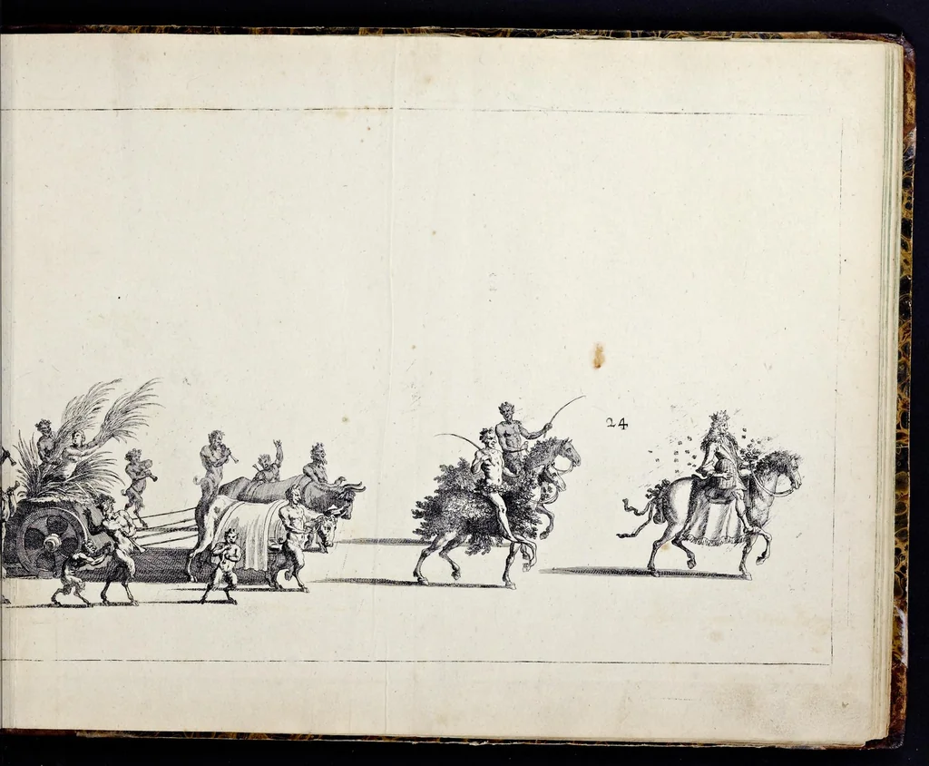 An illustration from Der von dem durchlauchtigsten Chur-Fürsten zu Sachsen und Burggrafen zu Magdeburg, &c. Hertzog Friderico Augusto, &c. &c. &c. in dero Residence Dreszden, Donnerstags den 7. Febr. 1695, aus dem Chur-Fürstlichen Reit-Hause, durch das Müntz-Thor, bey dem stall, über den Neuen Marckt, durch die Moritz-Strasse und Creutz-Gasse, über den alten Marckt, durch die Schloss-Gasse, auch durch das Schloss, wiederumb in oben-bemeldtes Reit-Hauss, angestellte und gehaltene Götter-Auffzug, 1697, leaf 66