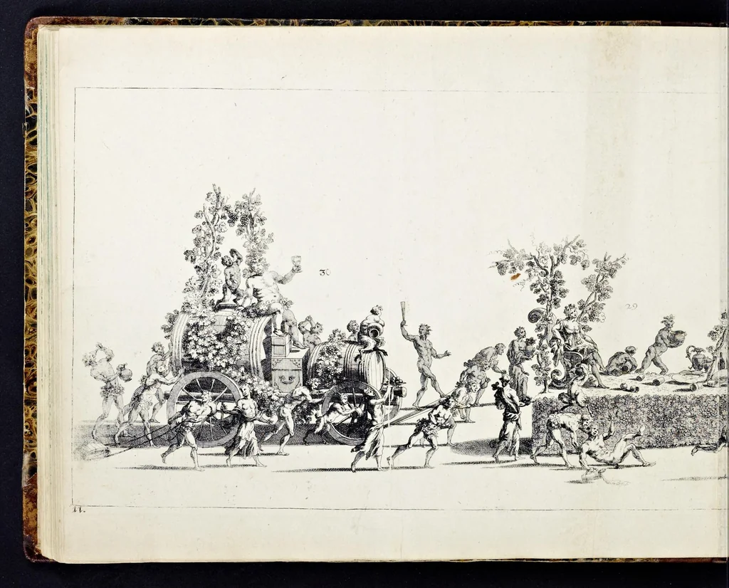 An illustration from Der von dem durchlauchtigsten Chur-Fürsten zu Sachsen und Burggrafen zu Magdeburg, &c. Hertzog Friderico Augusto, &c. &c. &c. in dero Residence Dreszden, Donnerstags den 7. Febr. 1695, aus dem Chur-Fürstlichen Reit-Hause, durch das Müntz-Thor, bey dem stall, über den Neuen Marckt, durch die Moritz-Strasse und Creutz-Gasse, über den alten Marckt, durch die Schloss-Gasse, auch durch das Schloss, wiederumb in oben-bemeldtes Reit-Hauss, angestellte und gehaltene Götter-Auffzug, 1697, leaf 69