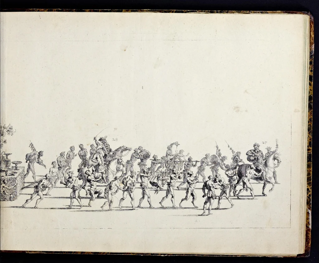 An illustration from Der von dem durchlauchtigsten Chur-Fürsten zu Sachsen und Burggrafen zu Magdeburg, &c. Hertzog Friderico Augusto, &c. &c. &c. in dero Residence Dreszden, Donnerstags den 7. Febr. 1695, aus dem Chur-Fürstlichen Reit-Hause, durch das Müntz-Thor, bey dem stall, über den Neuen Marckt, durch die Moritz-Strasse und Creutz-Gasse, über den alten Marckt, durch die Schloss-Gasse, auch durch das Schloss, wiederumb in oben-bemeldtes Reit-Hauss, angestellte und gehaltene Götter-Auffzug, 1697, leaf 70