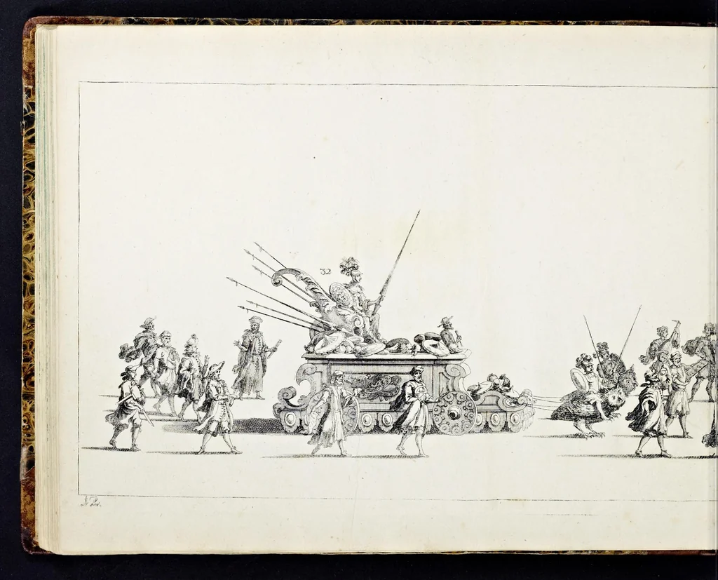 An illustration from Der von dem durchlauchtigsten Chur-Fürsten zu Sachsen und Burggrafen zu Magdeburg, &c. Hertzog Friderico Augusto, &c. &c. &c. in dero Residence Dreszden, Donnerstags den 7. Febr. 1695, aus dem Chur-Fürstlichen Reit-Hause, durch das Müntz-Thor, bey dem stall, über den Neuen Marckt, durch die Moritz-Strasse und Creutz-Gasse, über den alten Marckt, durch die Schloss-Gasse, auch durch das Schloss, wiederumb in oben-bemeldtes Reit-Hauss, angestellte und gehaltene Götter-Auffzug, 1697, leaf 73