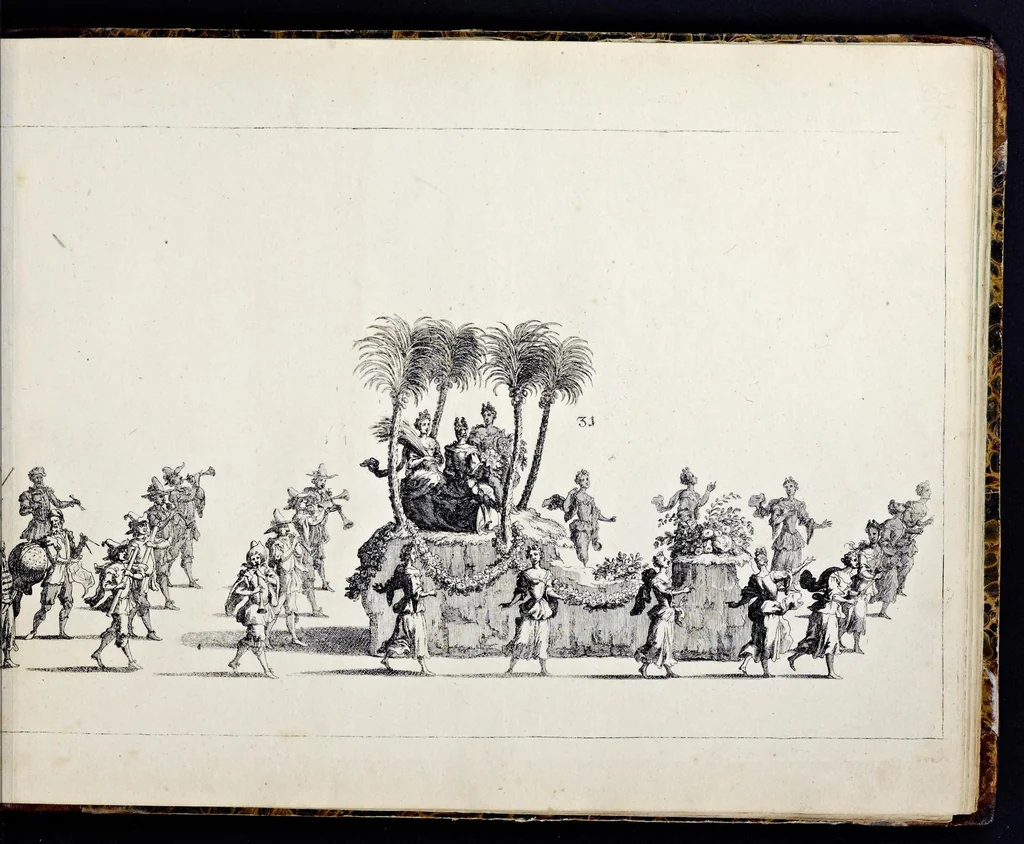 An illustration from Der von dem durchlauchtigsten Chur-Fürsten zu Sachsen und Burggrafen zu Magdeburg, &c. Hertzog Friderico Augusto, &c. &c. &c. in dero Residence Dreszden, Donnerstags den 7. Febr. 1695, aus dem Chur-Fürstlichen Reit-Hause, durch das Müntz-Thor, bey dem stall, über den Neuen Marckt, durch die Moritz-Strasse und Creutz-Gasse, über den alten Marckt, durch die Schloss-Gasse, auch durch das Schloss, wiederumb in oben-bemeldtes Reit-Hauss, angestellte und gehaltene Götter-Auffzug, 1697, leaf 74