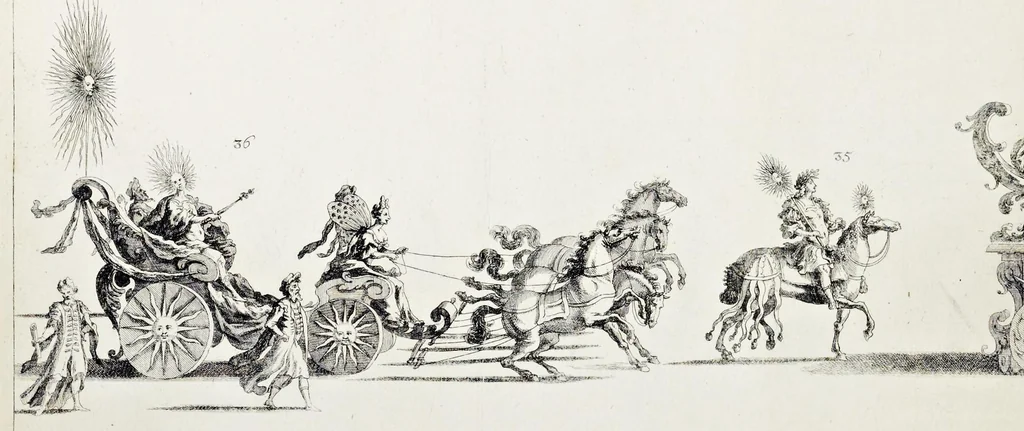 An illustration from Der von dem durchlauchtigsten Chur-Fürsten zu Sachsen und Burggrafen zu Magdeburg, &c. Hertzog Friderico Augusto, &c. &c. &c. in dero Residence Dreszden, Donnerstags den 7. Febr. 1695, aus dem Chur-Fürstlichen Reit-Hause, durch das Müntz-Thor, bey dem stall, über den Neuen Marckt, durch die Moritz-Strasse und Creutz-Gasse, über den alten Marckt, durch die Schloss-Gasse, auch durch das Schloss, wiederumb in oben-bemeldtes Reit-Hauss, angestellte und gehaltene Götter-Auffzug, 1697, leaf 77