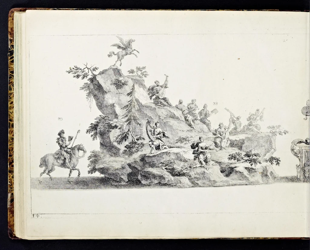 An illustration from Der von dem durchlauchtigsten Chur-Fürsten zu Sachsen und Burggrafen zu Magdeburg, &c. Hertzog Friderico Augusto, &c. &c. &c. in dero Residence Dreszden, Donnerstags den 7. Febr. 1695, aus dem Chur-Fürstlichen Reit-Hause, durch das Müntz-Thor, bey dem stall, über den Neuen Marckt, durch die Moritz-Strasse und Creutz-Gasse, über den alten Marckt, durch die Schloss-Gasse, auch durch das Schloss, wiederumb in oben-bemeldtes Reit-Hauss, angestellte und gehaltene Götter-Auffzug, 1697, leaf 81