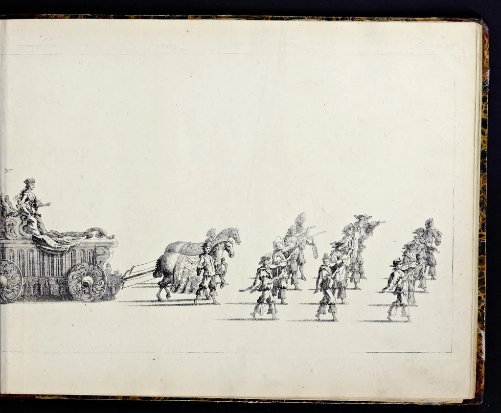 An illustration from Der von dem durchlauchtigsten Chur-Fürsten zu Sachsen und Burggrafen zu Magdeburg, &c. Hertzog Friderico Augusto, &c. &c. &c. in dero Residence Dreszden, Donnerstags den 7. Febr. 1695, aus dem Chur-Fürstlichen Reit-Hause, durch das Müntz-Thor, bey dem stall, über den Neuen Marckt, durch die Moritz-Strasse und Creutz-Gasse, über den alten Marckt, durch die Schloss-Gasse, auch durch das Schloss, wiederumb in oben-bemeldtes Reit-Hauss, angestellte und gehaltene Götter-Auffzug, 1697, leaf 82