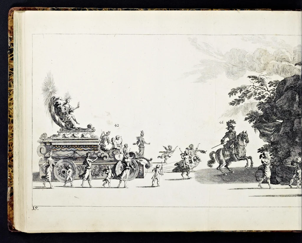 An illustration from Der von dem durchlauchtigsten Chur-Fürsten zu Sachsen und Burggrafen zu Magdeburg, &c. Hertzog Friderico Augusto, &c. &c. &c. in dero Residence Dreszden, Donnerstags den 7. Febr. 1695, aus dem Chur-Fürstlichen Reit-Hause, durch das Müntz-Thor, bey dem stall, über den Neuen Marckt, durch die Moritz-Strasse und Creutz-Gasse, über den alten Marckt, durch die Schloss-Gasse, auch durch das Schloss, wiederumb in oben-bemeldtes Reit-Hauss, angestellte und gehaltene Götter-Auffzug, 1697, leaf 85