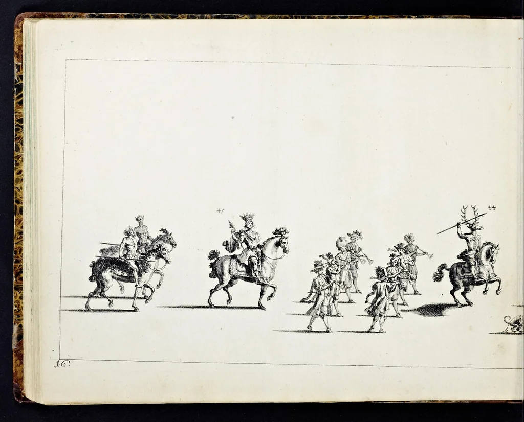 An illustration from Der von dem durchlauchtigsten Chur-Fürsten zu Sachsen und Burggrafen zu Magdeburg, &c. Hertzog Friderico Augusto, &c. &c. &c. in dero Residence Dreszden, Donnerstags den 7. Febr. 1695, aus dem Chur-Fürstlichen Reit-Hause, durch das Müntz-Thor, bey dem stall, über den Neuen Marckt, durch die Moritz-Strasse und Creutz-Gasse, über den alten Marckt, durch die Schloss-Gasse, auch durch das Schloss, wiederumb in oben-bemeldtes Reit-Hauss, angestellte und gehaltene Götter-Auffzug, 1697, leaf 89