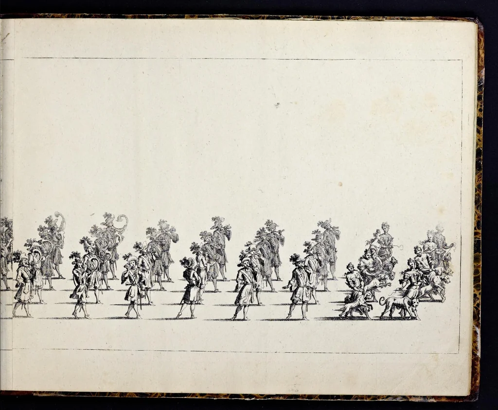 An illustration from Der von dem durchlauchtigsten Chur-Fürsten zu Sachsen und Burggrafen zu Magdeburg, &c. Hertzog Friderico Augusto, &c. &c. &c. in dero Residence Dreszden, Donnerstags den 7. Febr. 1695, aus dem Chur-Fürstlichen Reit-Hause, durch das Müntz-Thor, bey dem stall, über den Neuen Marckt, durch die Moritz-Strasse und Creutz-Gasse, über den alten Marckt, durch die Schloss-Gasse, auch durch das Schloss, wiederumb in oben-bemeldtes Reit-Hauss, angestellte und gehaltene Götter-Auffzug, 1697, leaf 94
