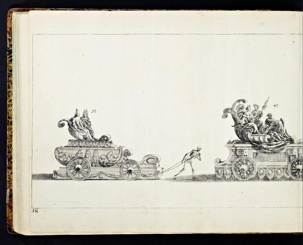 An illustration from Der von dem durchlauchtigsten Chur-Fürsten zu Sachsen und Burggrafen zu Magdeburg, &c. Hertzog Friderico Augusto, &c. &c. &c. in dero Residence Dreszden, Donnerstags den 7. Febr. 1695, aus dem Chur-Fürstlichen Reit-Hause, durch das Müntz-Thor, bey dem stall, über den Neuen Marckt, durch die Moritz-Strasse und Creutz-Gasse, über den alten Marckt, durch die Schloss-Gasse, auch durch das Schloss, wiederumb in oben-bemeldtes Reit-Hauss, angestellte und gehaltene Götter-Auffzug, 1697, leaf 97