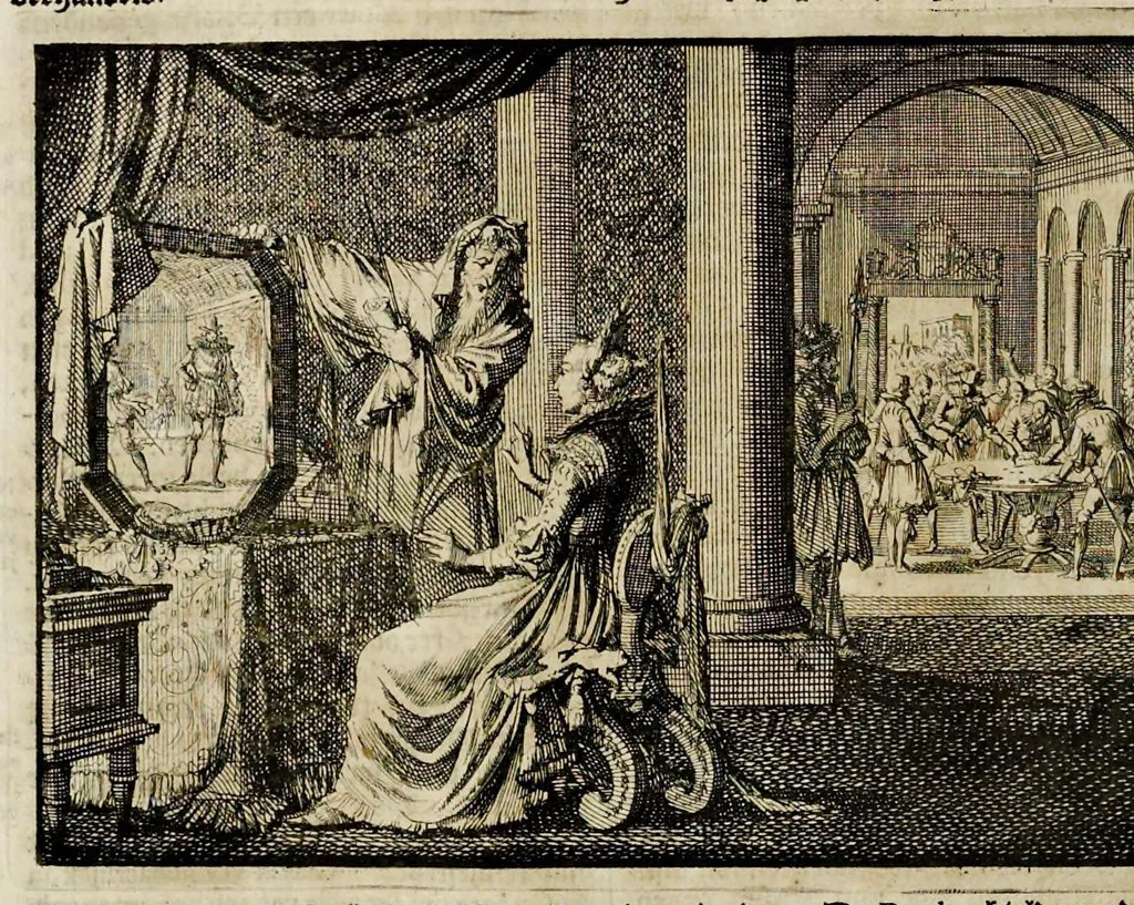 An illustration from Joh. Lodew. Gottfrieds Historische kronyck : vervattende een nauwkeurige en volkomene beschrijvingh der aldergedenckwaerdigste geschiedenissen des weerelds, van den aenvangh der scheppingh tot op 't jaer Christi 1576 : in een nette ordre gebragt na de verdeelingh der vier monarchien, en de bondighste jaer-rekeningh : op nieuws vertaeld na den derden vermeerderden druck, met byvoegingh van de historie der Reformatie in Duytschland : en een volkoomen bladwijser aller voornaemste saecken, 1698, leaf 157