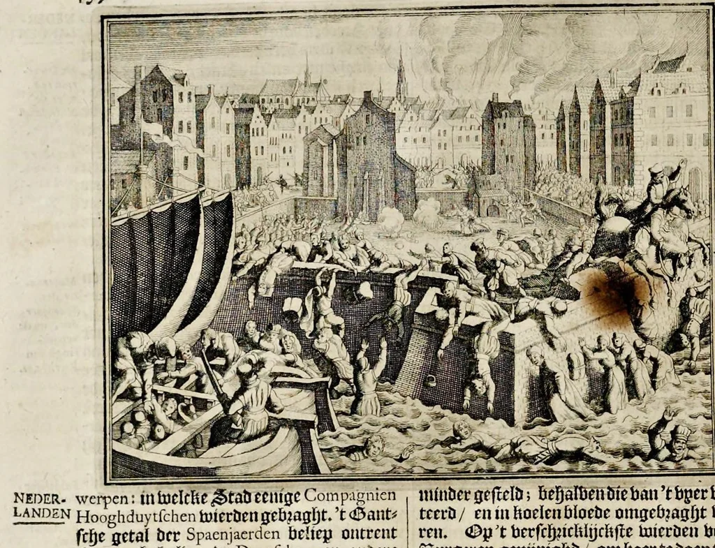 An illustration from Joh. Lodew. Gottfrieds Historische kronyck : vervattende een nauwkeurige en volkomene beschrijvingh der aldergedenckwaerdigste geschiedenissen des weerelds, van den aenvangh der scheppingh tot op 't jaer Christi 1576 : in een nette ordre gebragt na de verdeelingh der vier monarchien, en de bondighste jaer-rekeningh : op nieuws vertaeld na den derden vermeerderden druck, met byvoegingh van de historie der Reformatie in Duytschland : en een volkoomen bladwijser aller voornaemste saecken, 1698, leaf 235