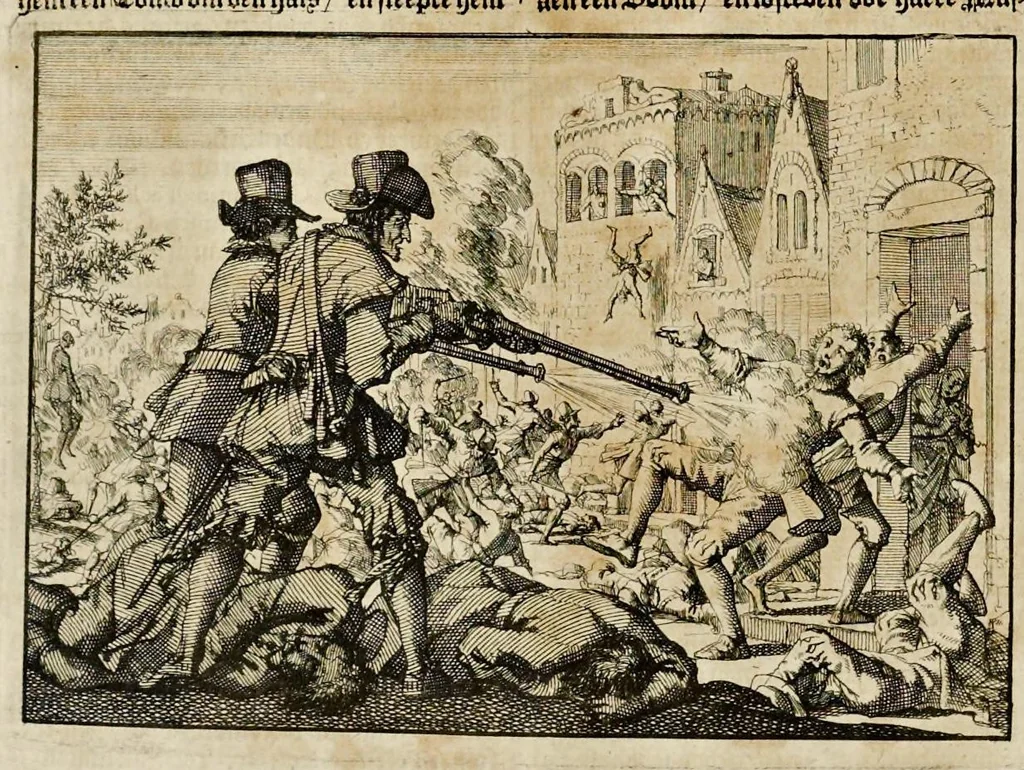 An illustration from Joh. Lodew. Gottfrieds Historische kronyck : vervattende een nauwkeurige en volkomene beschrijvingh der aldergedenckwaerdigste geschiedenissen des weerelds, van den aenvangh der scheppingh tot op 't jaer Christi 1576 : in een nette ordre gebragt na de verdeelingh der vier monarchien, en de bondighste jaer-rekeningh : op nieuws vertaeld na den derden vermeerderden druck, met byvoegingh van de historie der Reformatie in Duytschland : en een volkoomen bladwijser aller voornaemste saecken, 1698, leaf 329