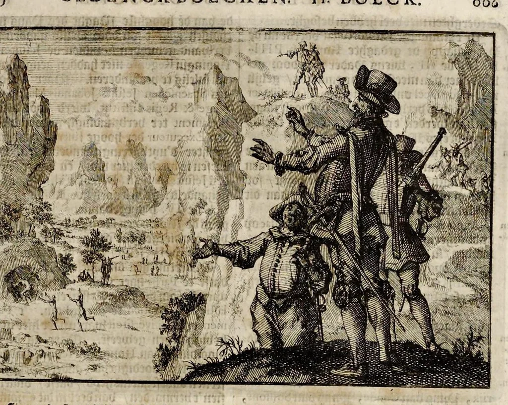 An illustration from Joh. Lodew. Gottfrieds Historische kronyck : vervattende een nauwkeurige en volkomene beschrijvingh der aldergedenckwaerdigste geschiedenissen des weerelds, van den aenvangh der scheppingh tot op 't jaer Christi 1576 : in een nette ordre gebragt na de verdeelingh der vier monarchien, en de bondighste jaer-rekeningh : op nieuws vertaeld na den derden vermeerderden druck, met byvoegingh van de historie der Reformatie in Duytschland : en een volkoomen bladwijser aller voornaemste saecken, 1698, leaf 350