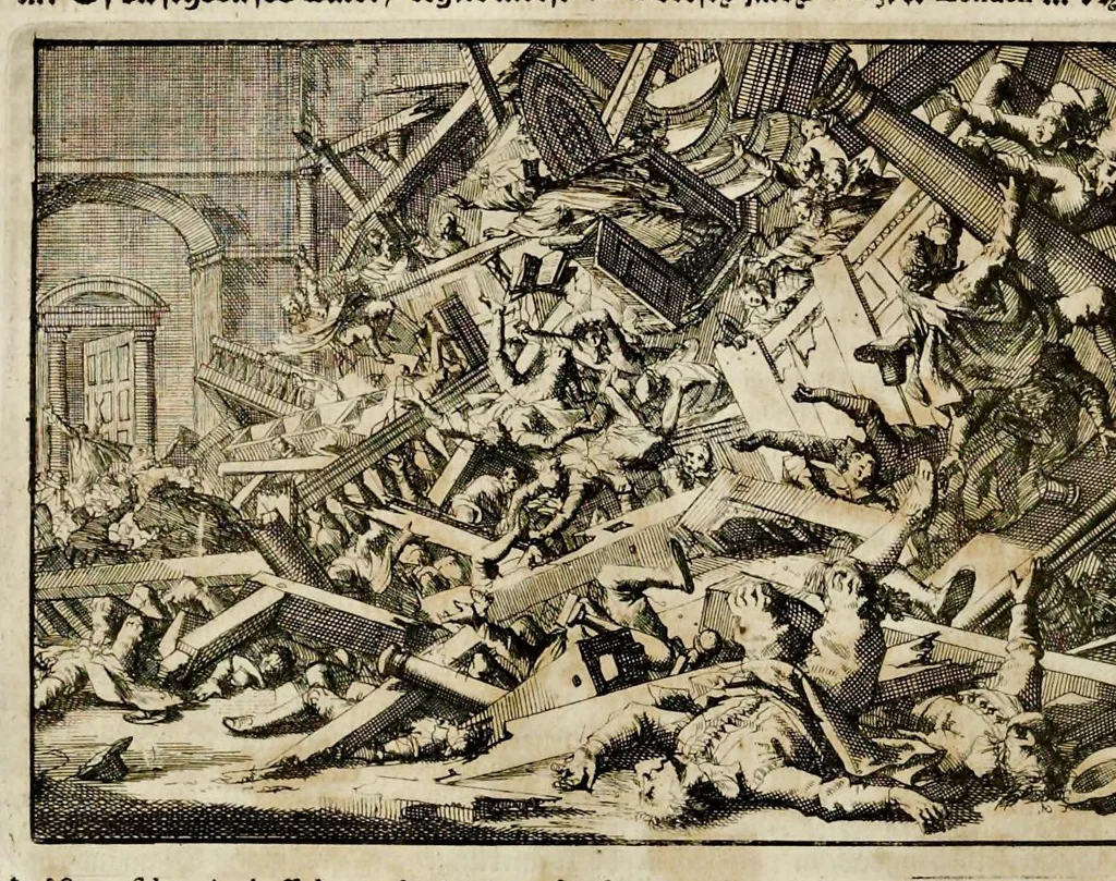 An illustration from Joh. Lodew. Gottfrieds Historische kronyck : vervattende een nauwkeurige en volkomene beschrijvingh der aldergedenckwaerdigste geschiedenissen des weerelds, van den aenvangh der scheppingh tot op 't jaer Christi 1576 : in een nette ordre gebragt na de verdeelingh der vier monarchien, en de bondighste jaer-rekeningh : op nieuws vertaeld na den derden vermeerderden druck, met byvoegingh van de historie der Reformatie in Duytschland : en een volkoomen bladwijser aller voornaemste saecken, 1698, leaf 373