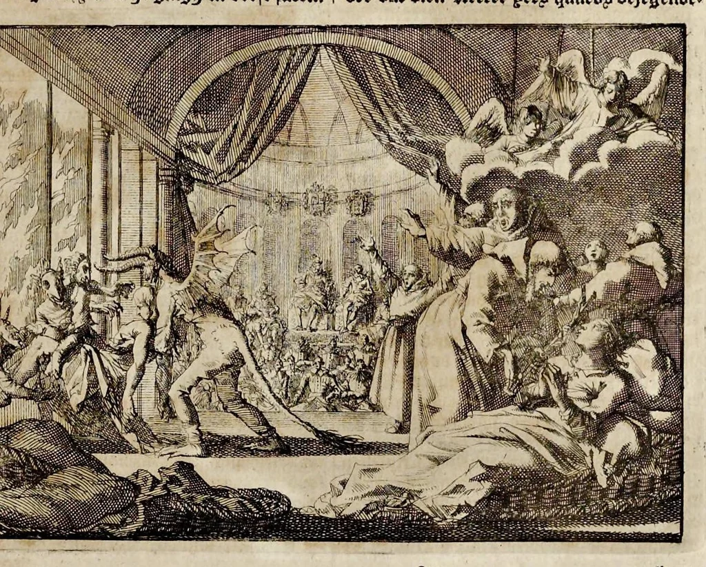 An illustration from Joh. Lodew. Gottfrieds Historische kronyck : vervattende een nauwkeurige en volkomene beschrijvingh der aldergedenckwaerdigste geschiedenissen des weerelds, van den aenvangh der scheppingh tot op 't jaer Christi 1576 : in een nette ordre gebragt na de verdeelingh der vier monarchien, en de bondighste jaer-rekeningh : op nieuws vertaeld na den derden vermeerderden druck, met byvoegingh van de historie der Reformatie in Duytschland : en een volkoomen bladwijser aller voornaemste saecken, 1698, leaf 374