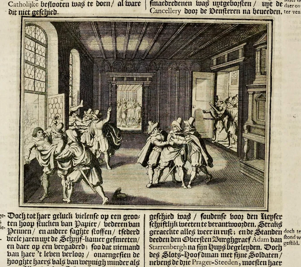 An illustration from Joh. Lodew. Gottfrieds Historische kronyck : vervattende een nauwkeurige en volkomene beschrijvingh der aldergedenckwaerdigste geschiedenissen des weerelds, van den aenvangh der scheppingh tot op 't jaer Christi 1576 : in een nette ordre gebragt na de verdeelingh der vier monarchien, en de bondighste jaer-rekeningh : op nieuws vertaeld na den derden vermeerderden druck, met byvoegingh van de historie der Reformatie in Duytschland : en een volkoomen bladwijser aller voornaemste saecken, 1698, leaf 395