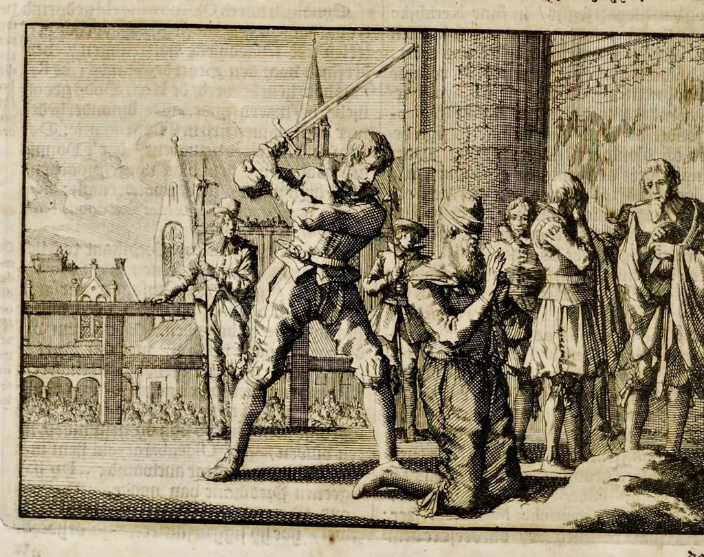 An illustration from Joh. Lodew. Gottfrieds Historische kronyck : vervattende een nauwkeurige en volkomene beschrijvingh der aldergedenckwaerdigste geschiedenissen des weerelds, van den aenvangh der scheppingh tot op 't jaer Christi 1576 : in een nette ordre gebragt na de verdeelingh der vier monarchien, en de bondighste jaer-rekeningh : op nieuws vertaeld na den derden vermeerderden druck, met byvoegingh van de historie der Reformatie in Duytschland : en een volkoomen bladwijser aller voornaemste saecken, 1698, leaf 449