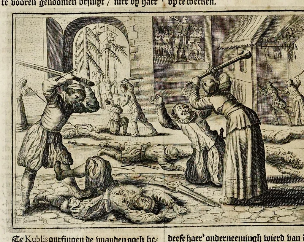 An illustration from Joh. Lodew. Gottfrieds Historische kronyck : vervattende een nauwkeurige en volkomene beschrijvingh der aldergedenckwaerdigste geschiedenissen des weerelds, van den aenvangh der scheppingh tot op 't jaer Christi 1576 : in een nette ordre gebragt na de verdeelingh der vier monarchien, en de bondighste jaer-rekeningh : op nieuws vertaeld na den derden vermeerderden druck, met byvoegingh van de historie der Reformatie in Duytschland : en een volkoomen bladwijser aller voornaemste saecken, 1698, leaf 529